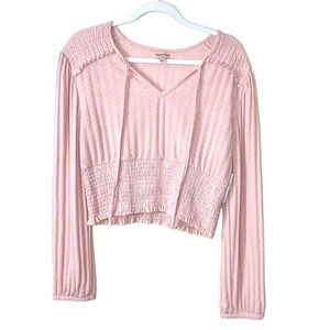 Bloomfield Pink Long Sleeve V-Neck Smocked Waist Knit Crop Top NWT Size Large